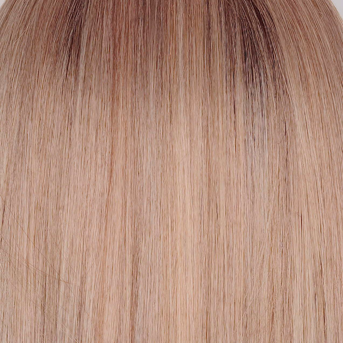 Mushroom Melange  -  A captivating mushroom blonde base accented by a mid-brown root. Multiple tones of mushroom, cream, and pale chocolate, woven together for a rich and dynamic effect. The colors transition into softer mushroom shades and subtle steel blonde tones